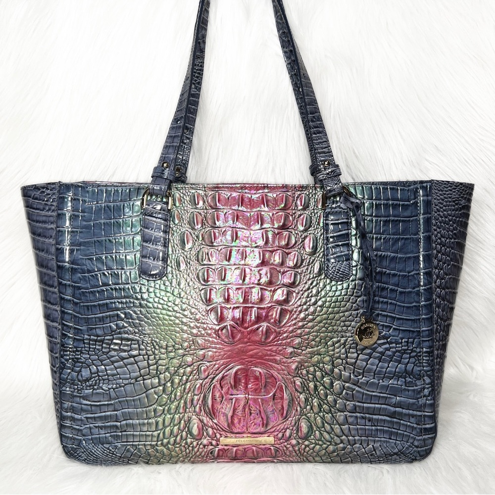 SOLD-Brahmin Iridescent Oil Slick Ombre Blue Pink Croc Leather Shoulder Bag - Picture 1 of 12
